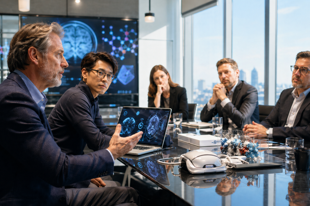 Bioconvergence startup founders presenting a medical AI solution to investors in a bright modern boardroom.