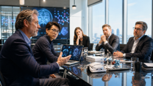Bioconvergence startup founders presenting a medical AI solution to investors in a bright modern boardroom.